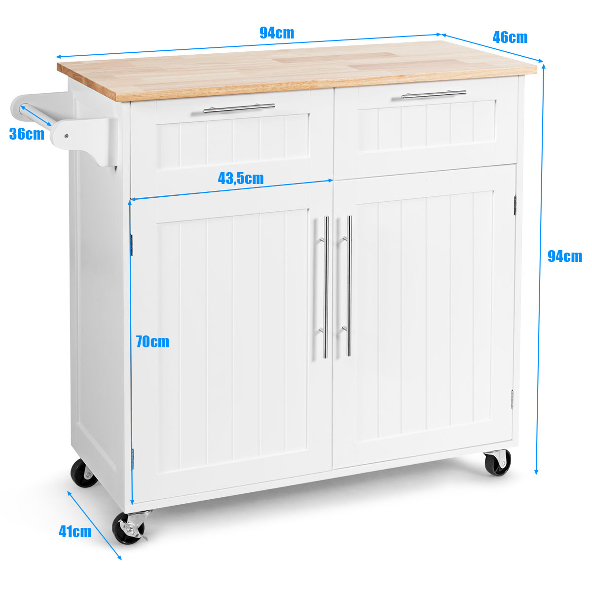 Ilha de Cozinha "Lund" – Carro de Serviço com Gavetas, Armários e Rodas Giratórias – 94 x 45 x 94,5 cm – Branco