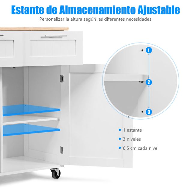 Ilha de Cozinha "Lund" – Carro de Serviço com Gavetas, Armários e Rodas Giratórias – 94 x 45 x 94,5 cm – Branco