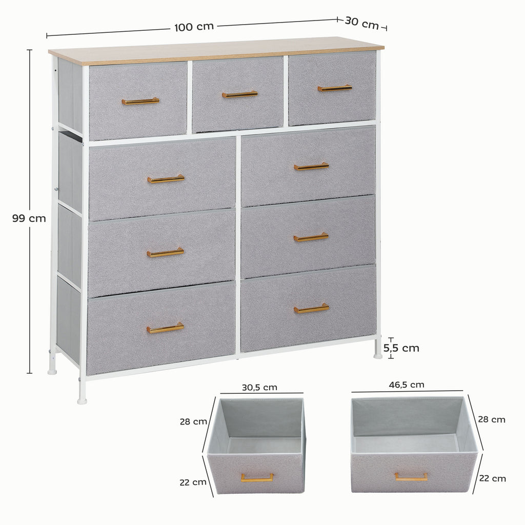 Cómoda com 9 Gavetas Estofada em Borreguito Cómoda de Tela com Estrutura de Aço Cómoda para Dormitório Corredor 100x30x99 cm Cinzento