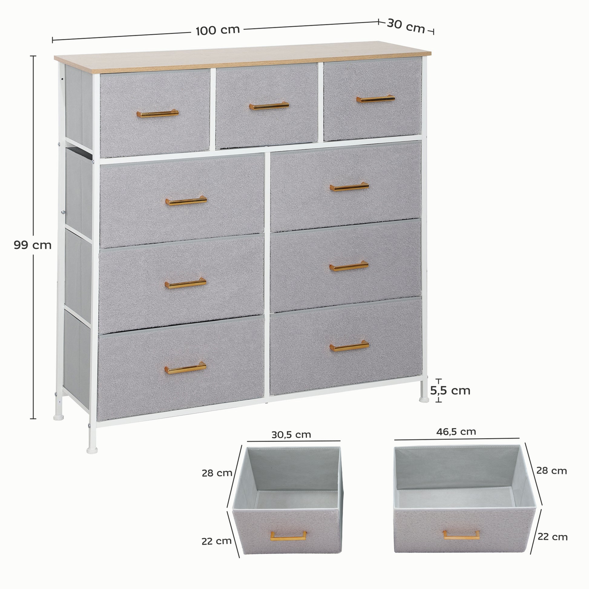 Cómoda com 9 Gavetas Estofada em Borreguito Cómoda de Tela com Estrutura de Aço Cómoda para Dormitório Corredor 100x30x99 cm Cinzento