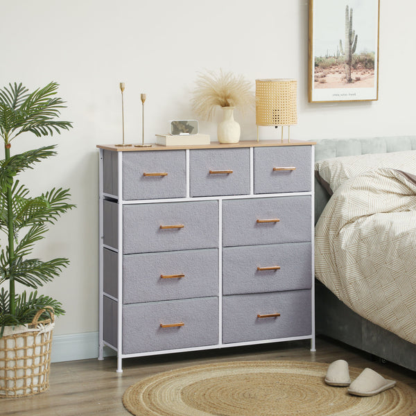 Cómoda com 9 Gavetas Estofada em Borreguito Cómoda de Tela com Estrutura de Aço Cómoda para Dormitório Corredor 100x30x99 cm Cinzento