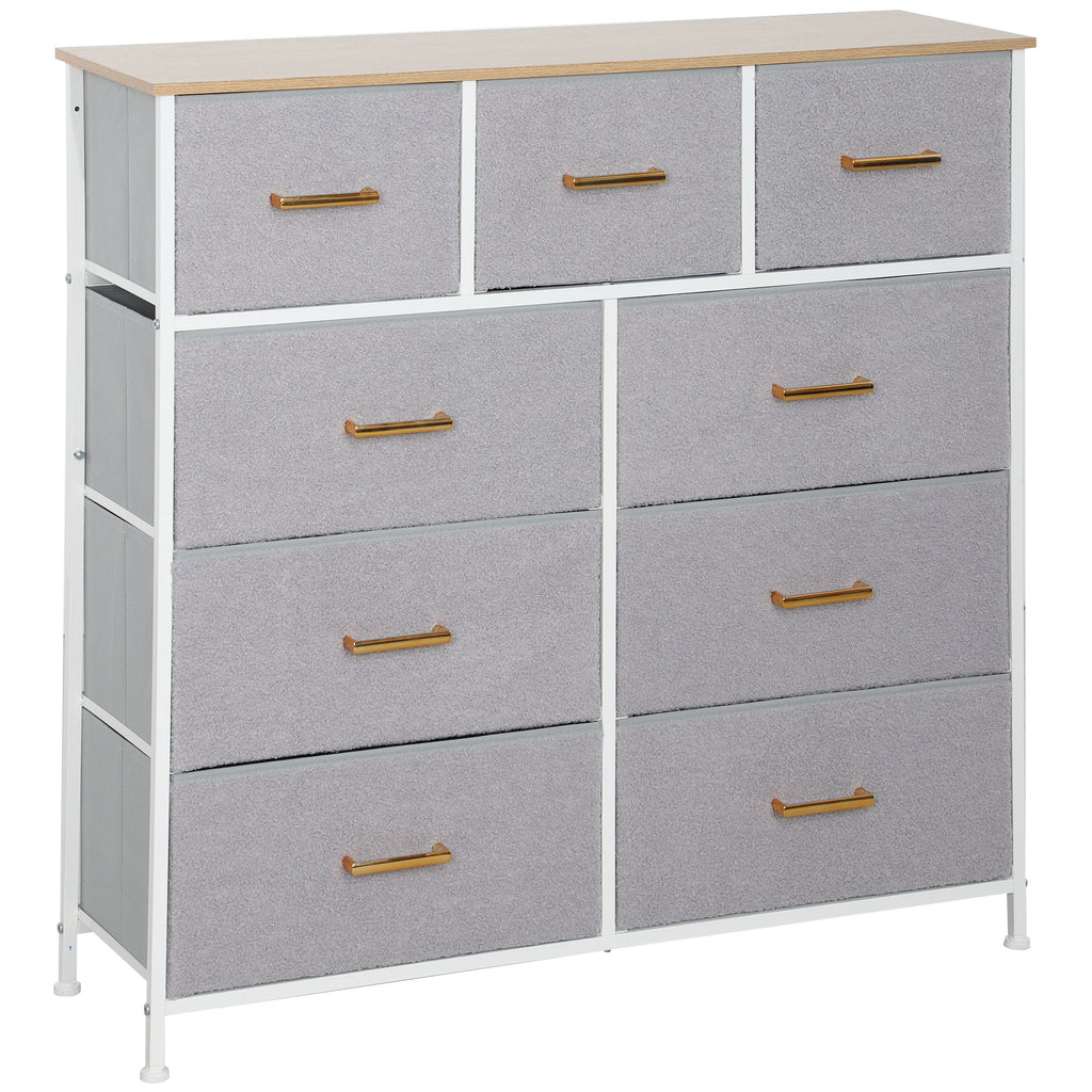 Cómoda com 9 Gavetas Estofada em Borreguito Cómoda de Tela com Estrutura de Aço Cómoda para Dormitório Corredor 100x30x99 cm Cinzento