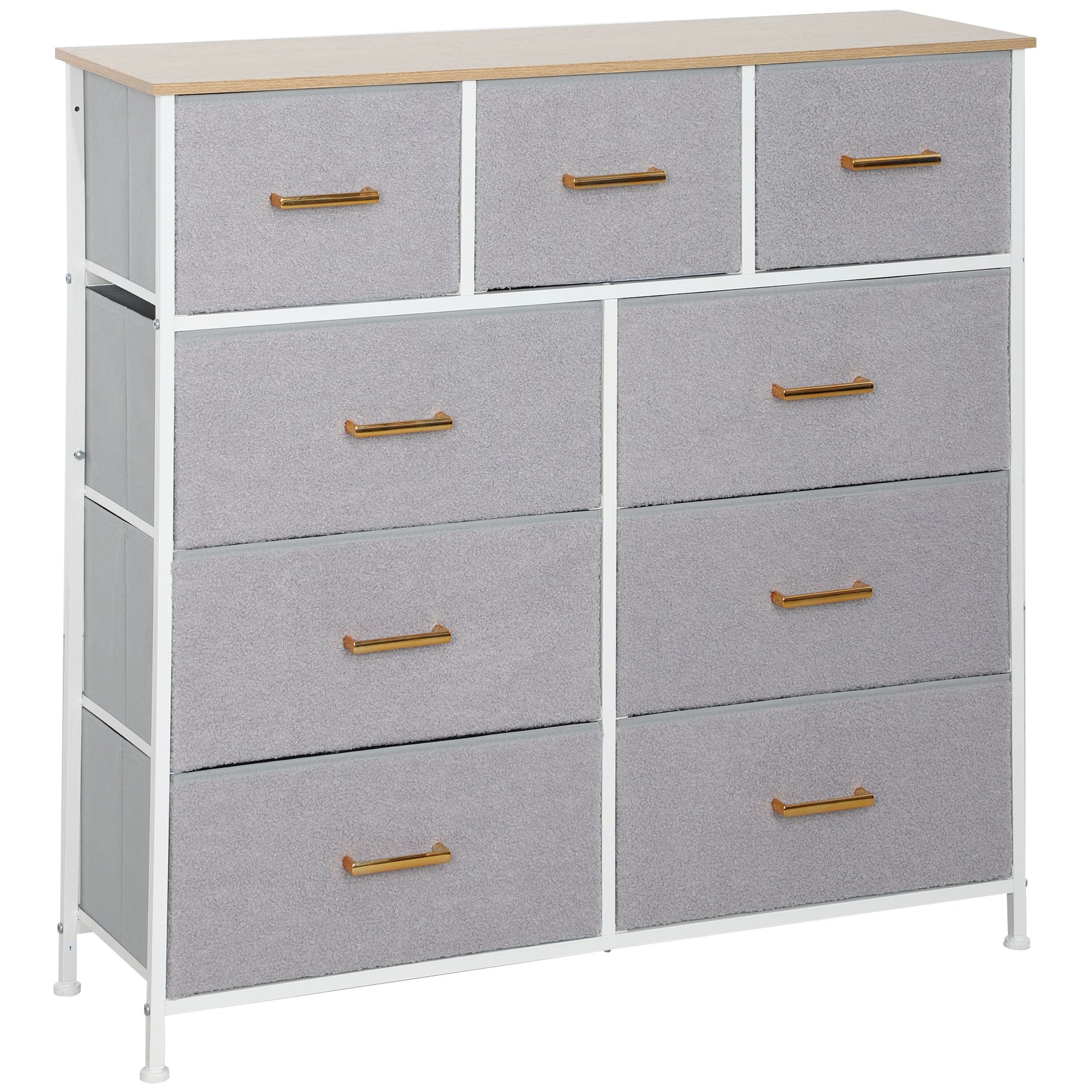 Cómoda com 9 Gavetas Estofada em Borreguito Cómoda de Tela com Estrutura de Aço Cómoda para Dormitório Corredor 100x30x99 cm Cinzento