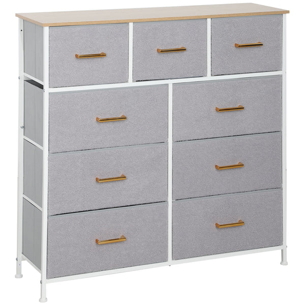 Cómoda com 9 Gavetas Estofada em Borreguito Cómoda de Tela com Estrutura de Aço Cómoda para Dormitório Corredor 100x30x99 cm Cinzento