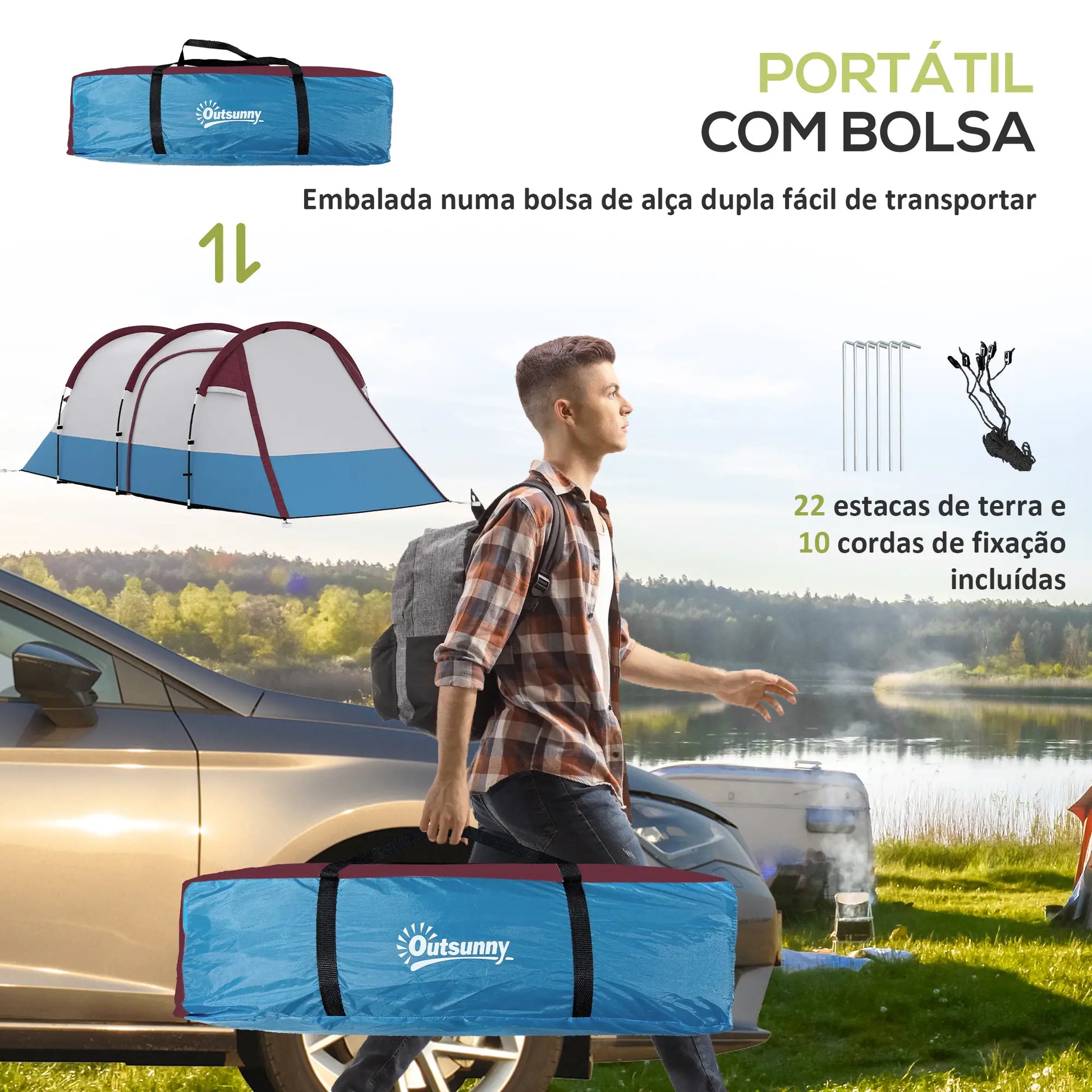 Tenda de Campismo Familiar para 2-3 Pessoas Tenda de Campismo Dobrável com 2 Áreas e Bolsa de Transporte Impermeável para Trekking 420x200x150 cm Multicolor