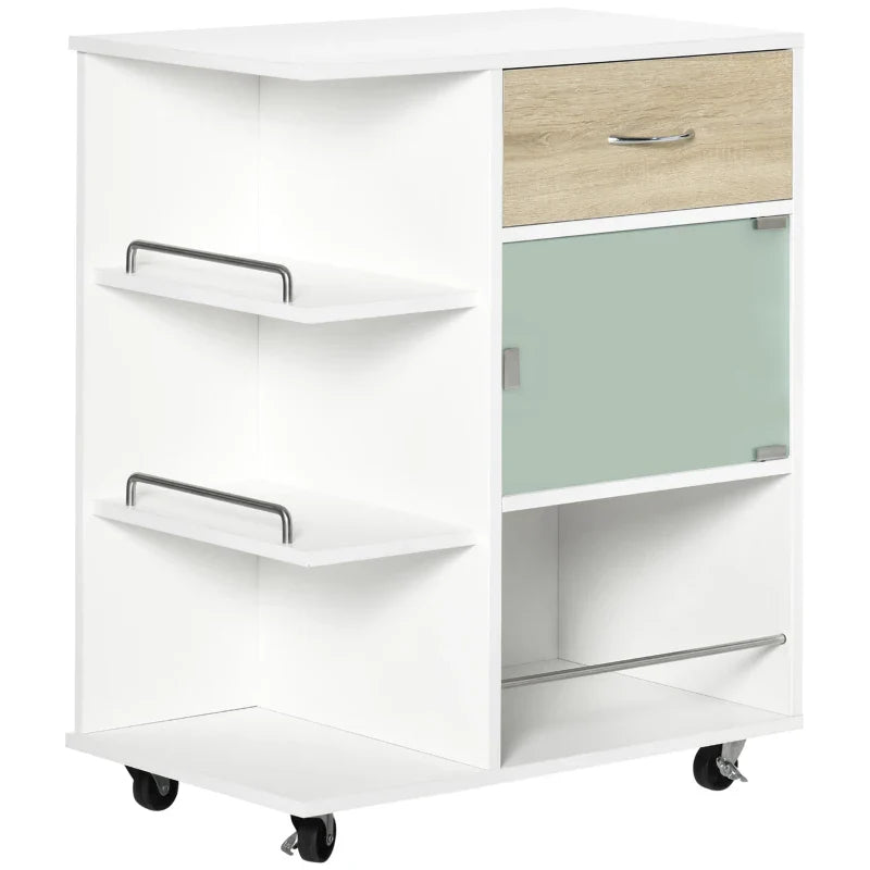 Carrinho de Cozinha com 1 Gaveta Porta de Vidro e Prateleiras Abertas Carrinho de Cozinha Auxiliar com Rodas para Sala de Estar Casa de Banho 65x39x80cm Madeira e Branco