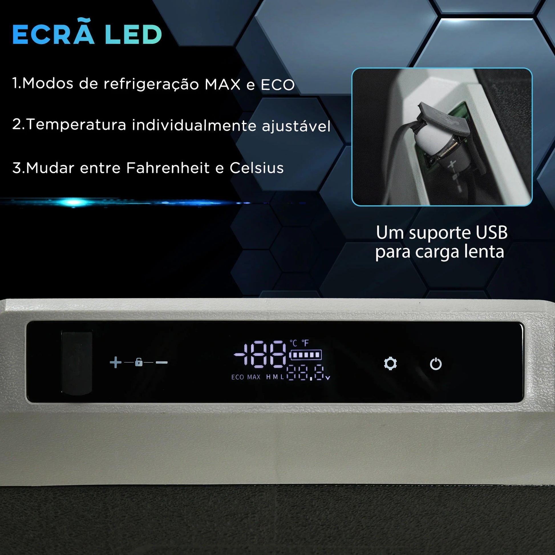 Geleira Elétrica Portátil 40L com Compressor - CC 12V/24V, até -20°C, LED Tátil e Rodas - 71,1x46x44 cm - Preto