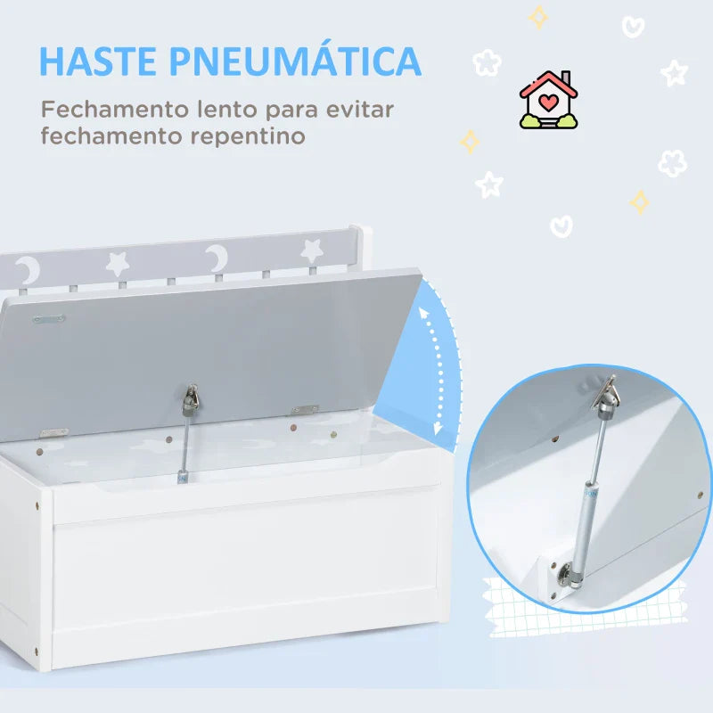 Baú Infantil 2 em 1 Organizador de Brinquedos para Crianças acima de 18 Meses Banco de Armazenamento Infantil com Tampa para Dormitório Sala de Jogos Carga 50kg 60x30x50cm Branco e Cinza
