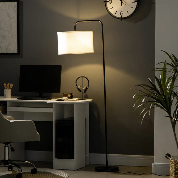 Candeeiro de Pé Moderno Lâmpada E27 Máx. 40W com Ecrã de Linho Estrutura de Aço e Interruptor de Pé Candeeiro de Leitura para Sala de Estar Dormitório 64x38x163,5cm Branco e Preto