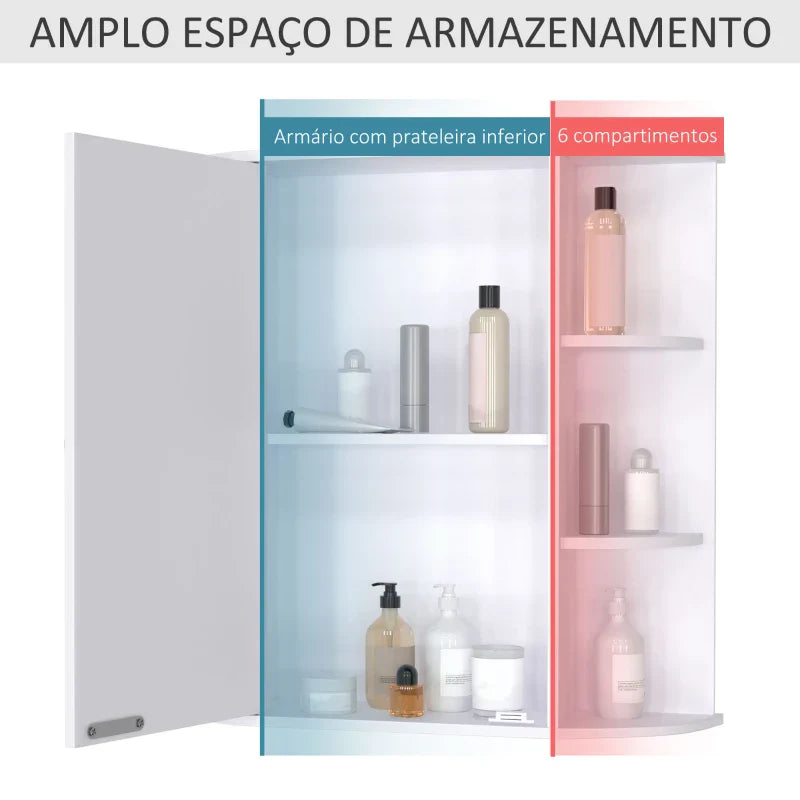 Armário de Casa de Banho com Espelho Móvel Suspenso de Casa de Banho com 1 Porta 2 Prateleiras Interiores e 6 Prateleiras Laterais para Sala de Estar Cozinha Dormitório 66x17x63cm Branco