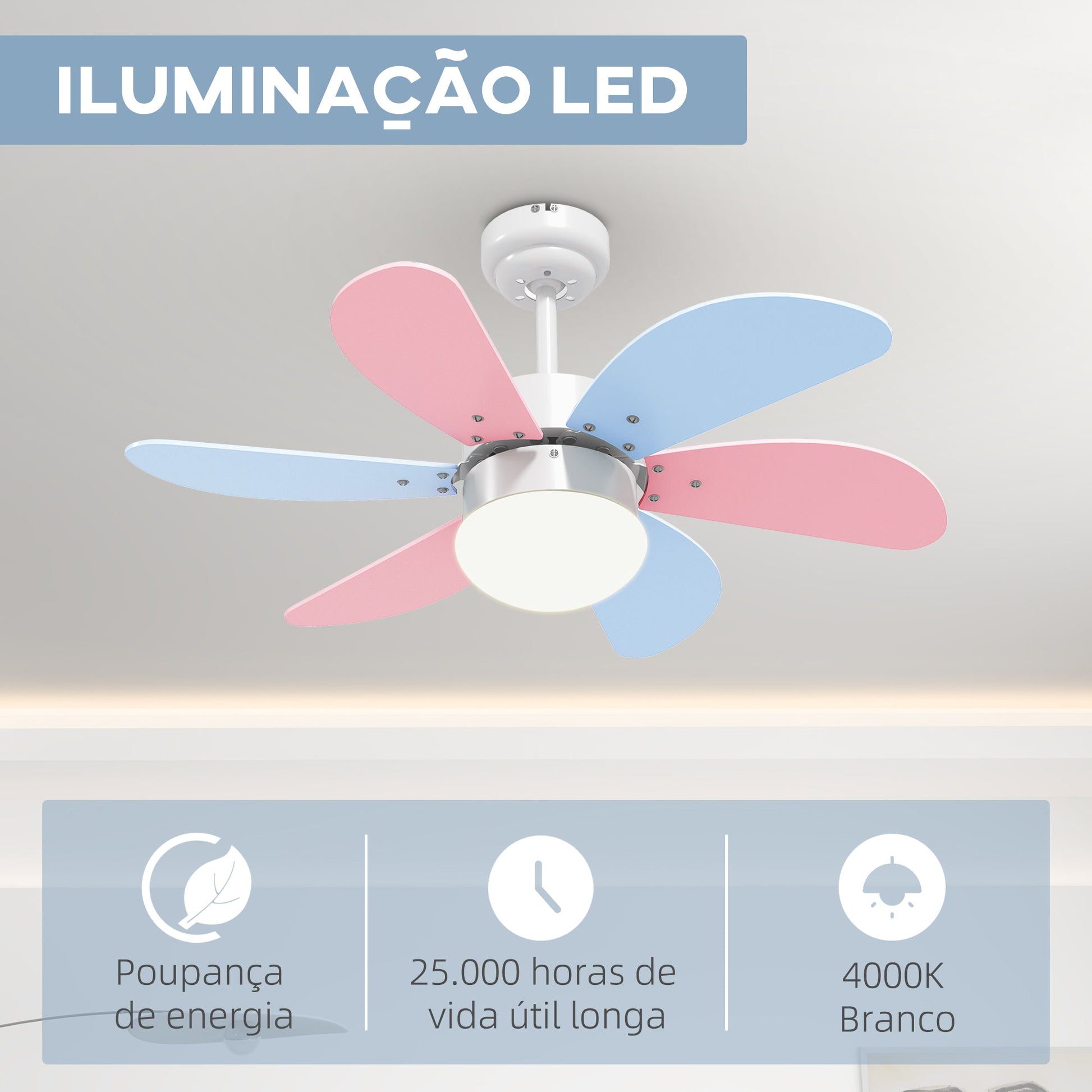 Ventoinha de Teto com Luz 34W Ø82,5 cm Ventoinha de Teto Silencioso com 6 Lâminas Reversíveis Controlo Remoto 6 Velocidades e Temporizador para Quarto Sala Multicolor