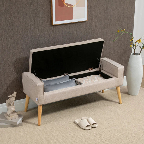 Banco de Armazenamento Baú de Armazenamento Estofado em Linho com Tampa Abatível e Pés de Madeira para Dormitório Sala de Estar Entrada Carga 120kg 120x45x54cm Bege