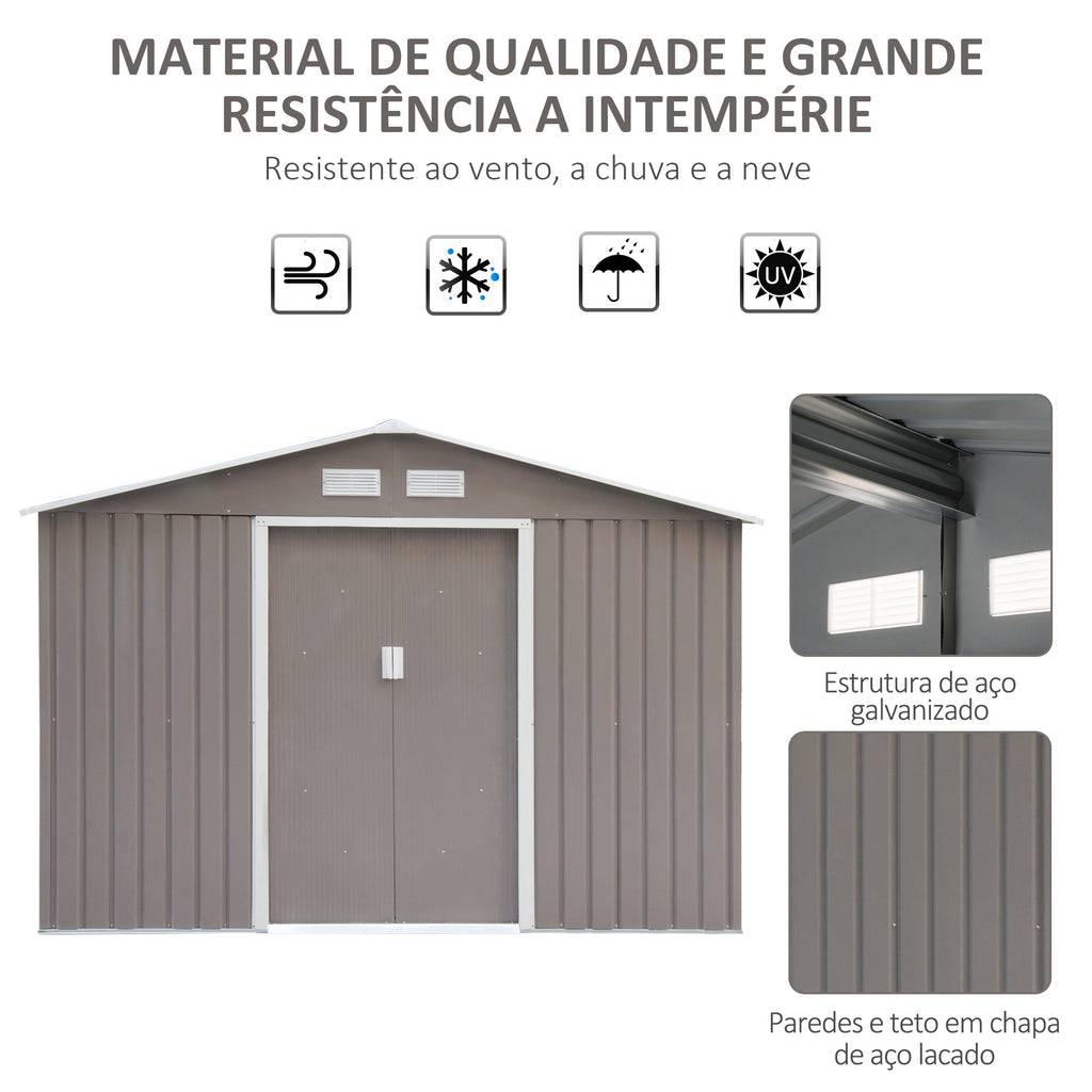 Abrigo de Jardim Exterior 4,83m² 277x195x192cm Abrigo e Jardim Metálico para Armazenamento de Ferramentas com Base de Reforço Incluída e 4 Janelas Cinza