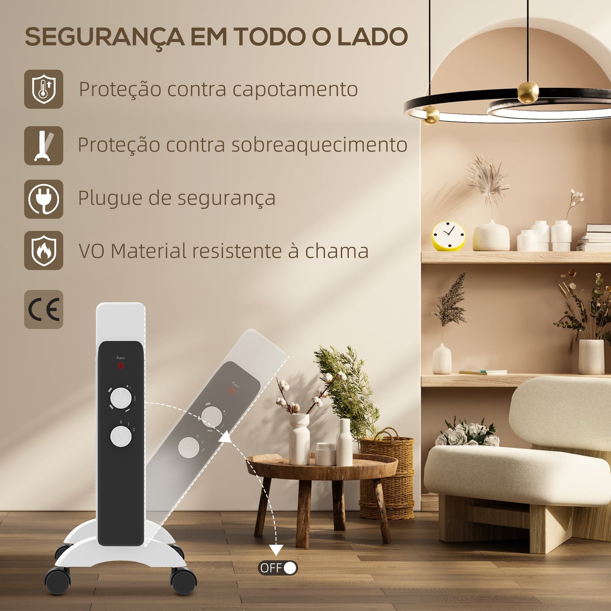 Aquecedor Elétrico 1000W/2000W Aquecedor com Painéis de Mica Rodas Proteção Anti-Tombo e Sobreaquecimento Aquecedor Elétrico de Baixo Consumo 26,5x55x61,5 cm Branco