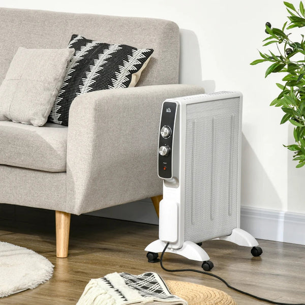 Aquecedor Elétrico 750W/1500W Aquecedor de Mica com Ecrã LED Controlo Remoto Termostato Temporizador e 4 Rodas para Área 15-18 m² 47x26,5x61,5cm Branco