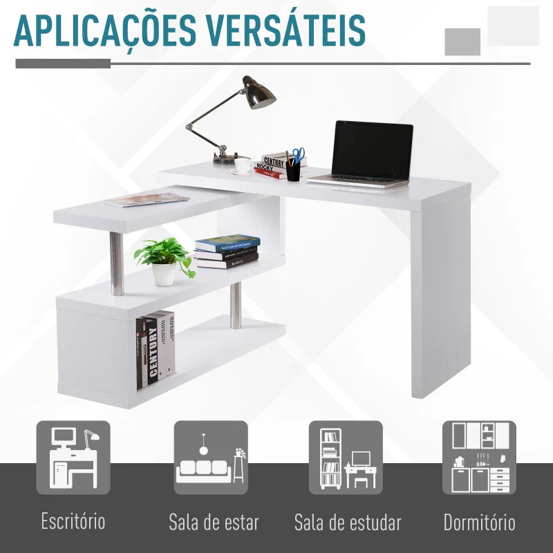 Secretária de Canto Giratória 360º Secretária em Forma de L com Prateleiras para Escritório Casa 114x120x76,1cm Branco