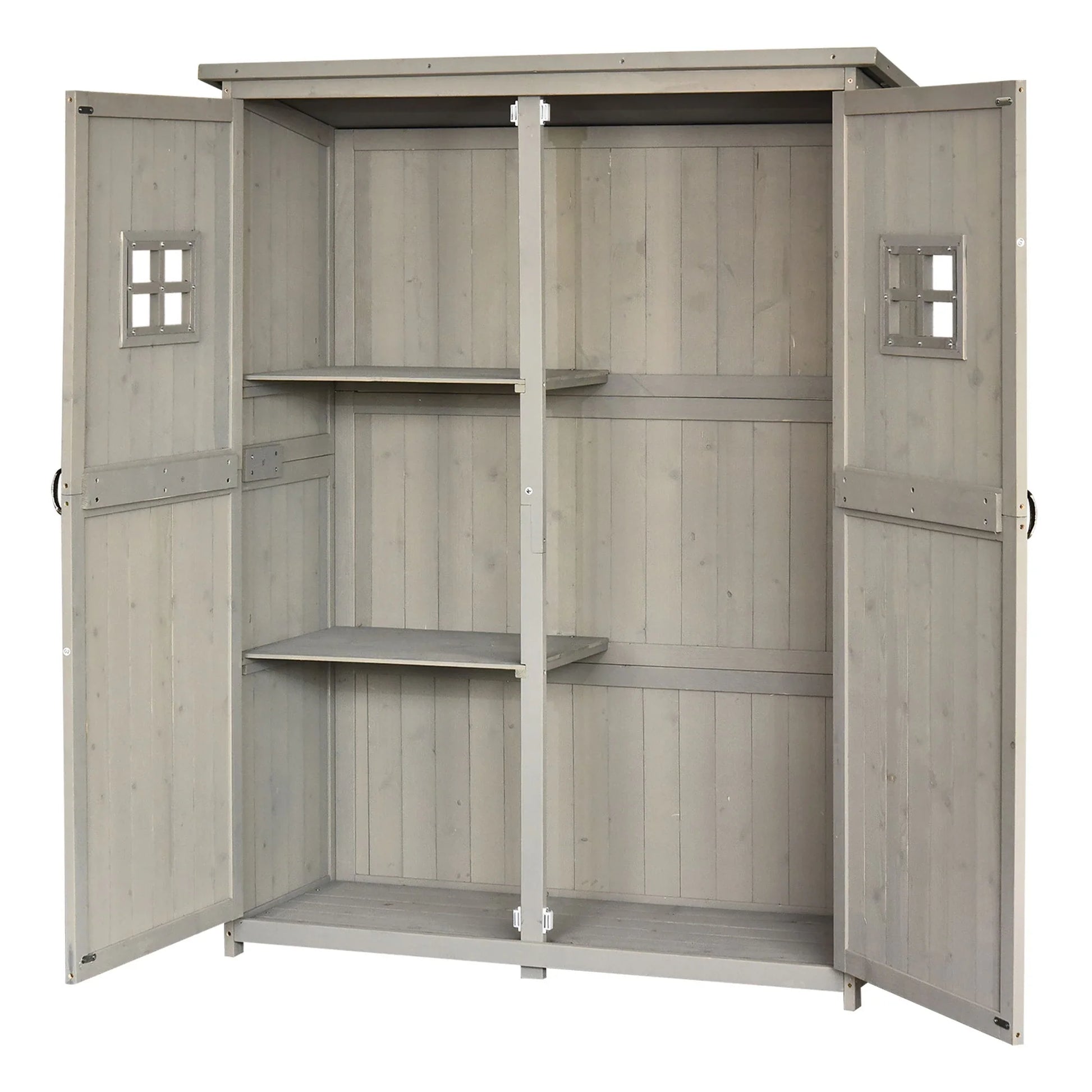 Abrigo de Jardim para Ferramentas Armário de Madeira para Exterior com Prateleira Dupla Porta Janelas e Teto Asfáltico 127,5x50x164cm Cinza