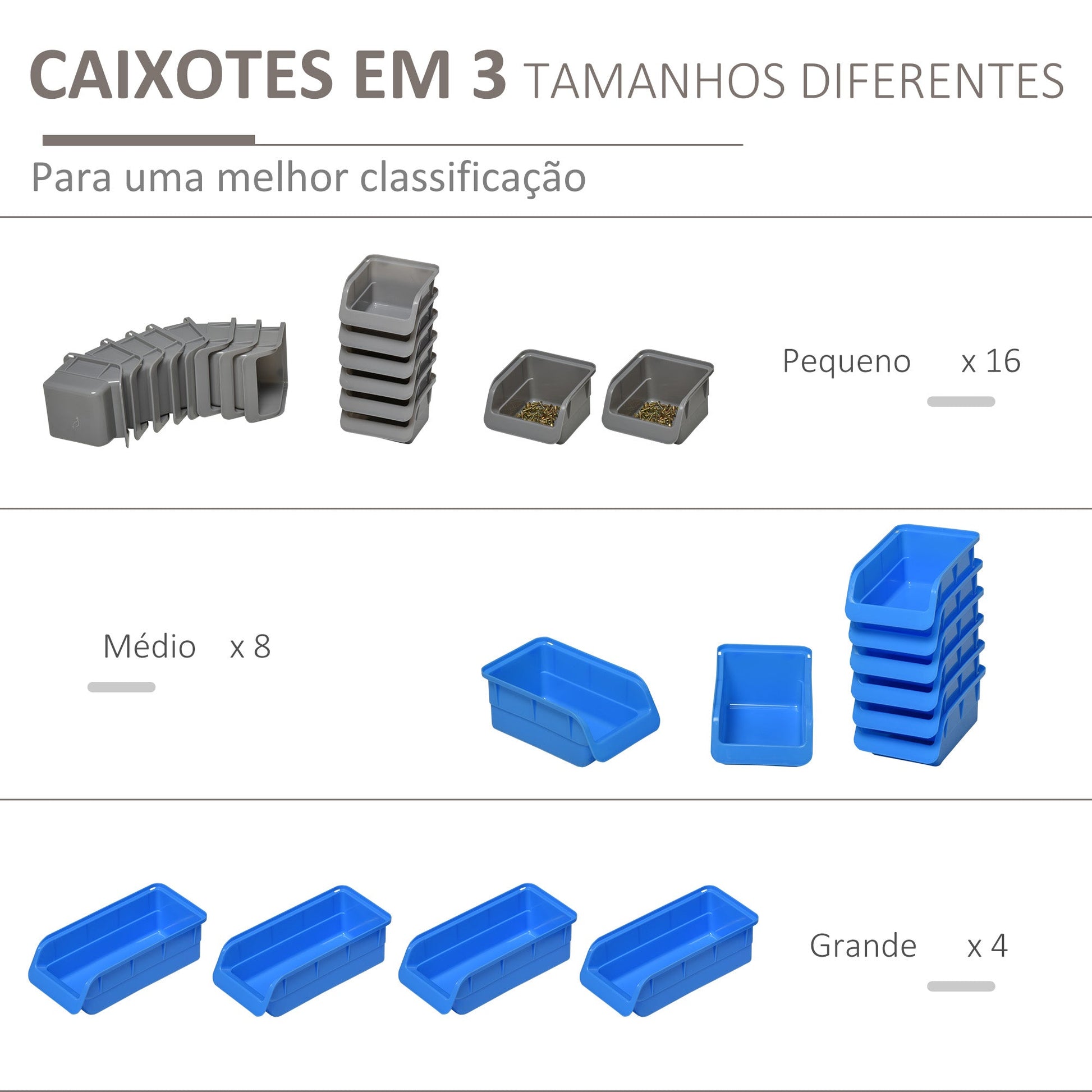 Prateleira de Parede Organizador de Ferramentas de 44 Peças 54x95 cm Prateleiras de Armazenamento com 28 Caixas Empilháveis e Diferentes Ganchos Cinza e Azul
