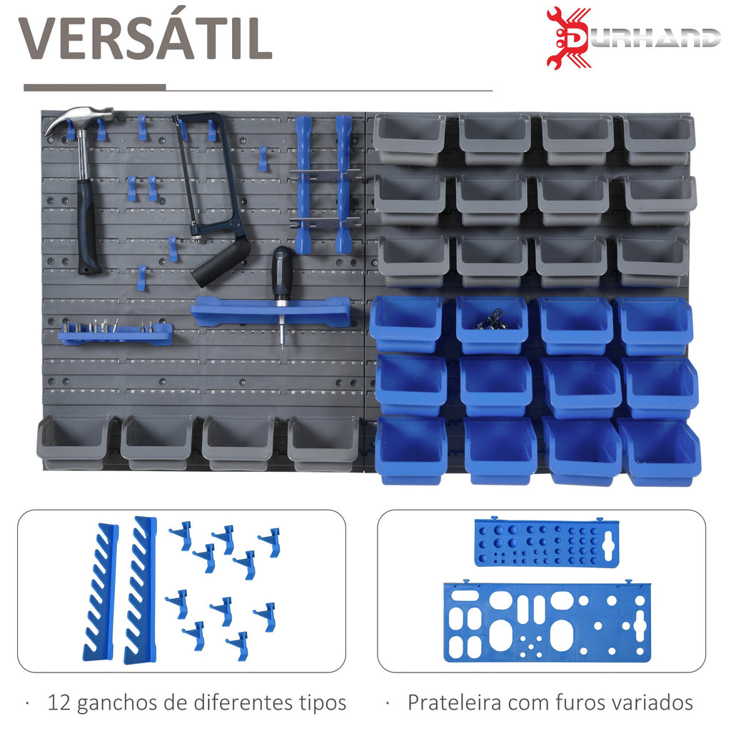 Prateleira de Parede Organizador de Ferramentas de 44 Peças 54x95 cm Prateleiras de Armazenamento com 28 Caixas Empilháveis e Diferentes Ganchos Cinza e Azul