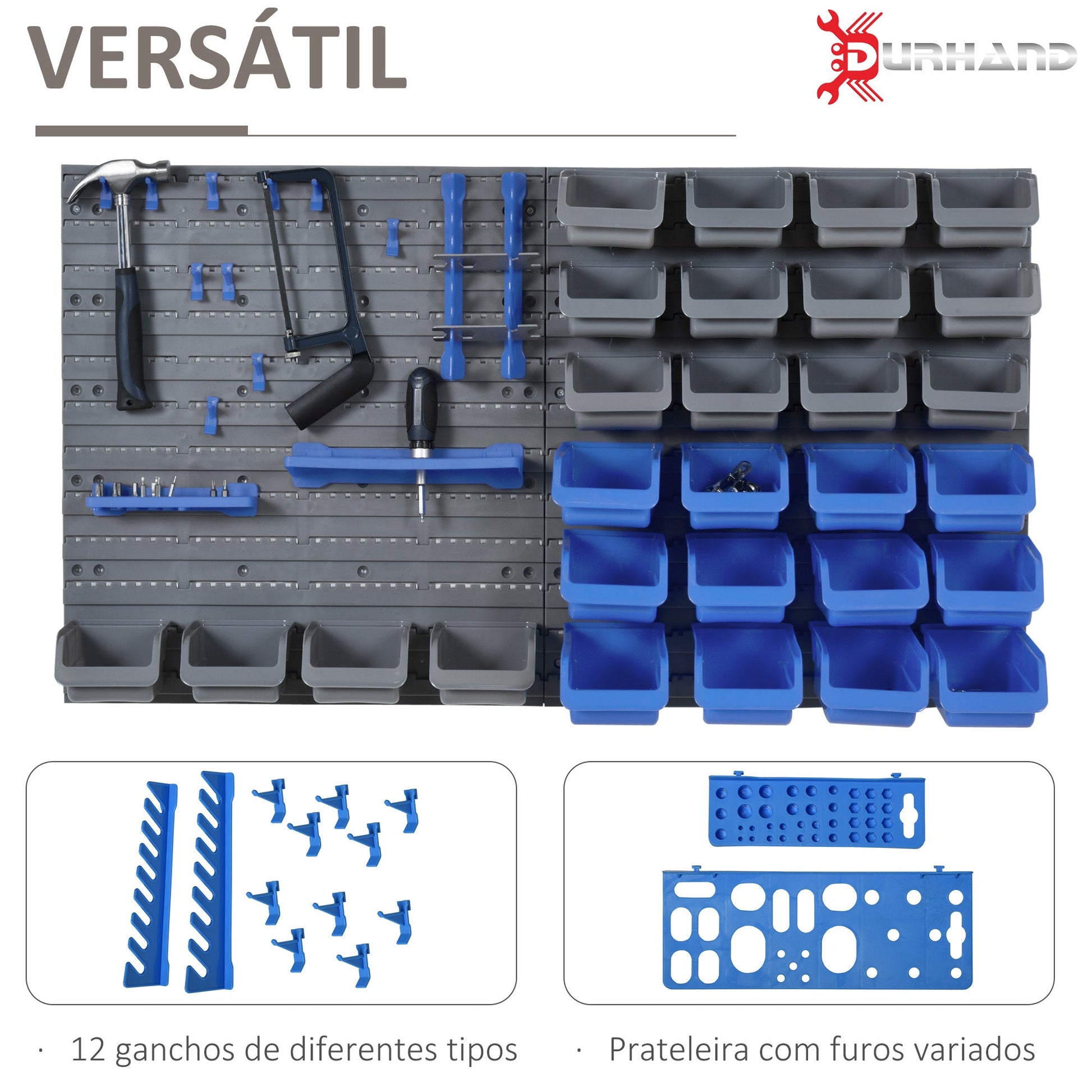 Prateleira de Parede Organizador de Ferramentas de 44 Peças 54x95 cm Prateleiras de Armazenamento com 28 Caixas Empilháveis e Diferentes Ganchos Cinza e Azul