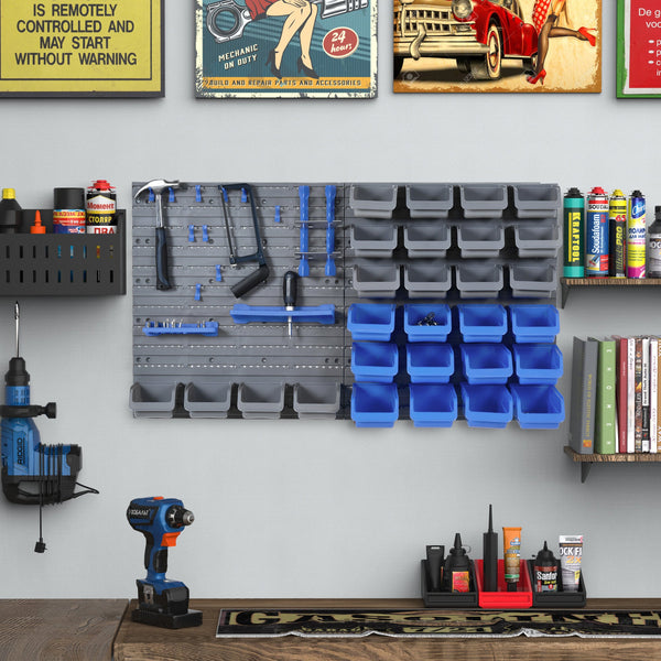 Prateleira de Parede Organizador de Ferramentas de 44 Peças 54x95 cm Prateleiras de Armazenamento com 28 Caixas Empilháveis e Diferentes Ganchos Cinza e Azul