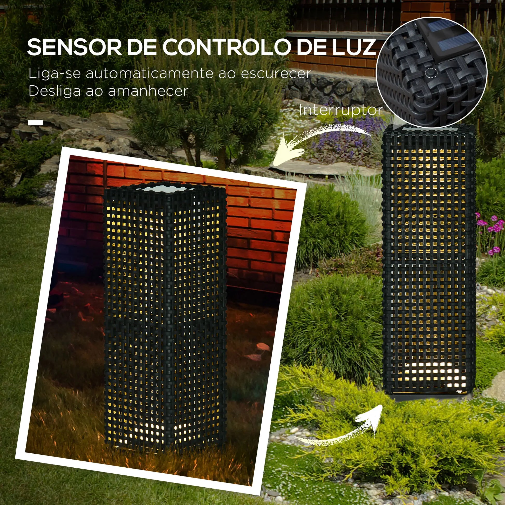 Candeeiro Solar de Jardim – 15,5x15,5x47 cm – Preto – Luz LED Quente com Ligar/Desligar Automático – IP44