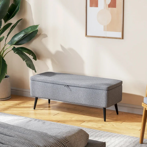 Banco de Armazenamento Estofado em Linho com Tampa Abatível e Pés de Aço para Dormitório Sala de Estar Entrada Carga Máxima 150kg 101x38,5x44,5 cm Cinza