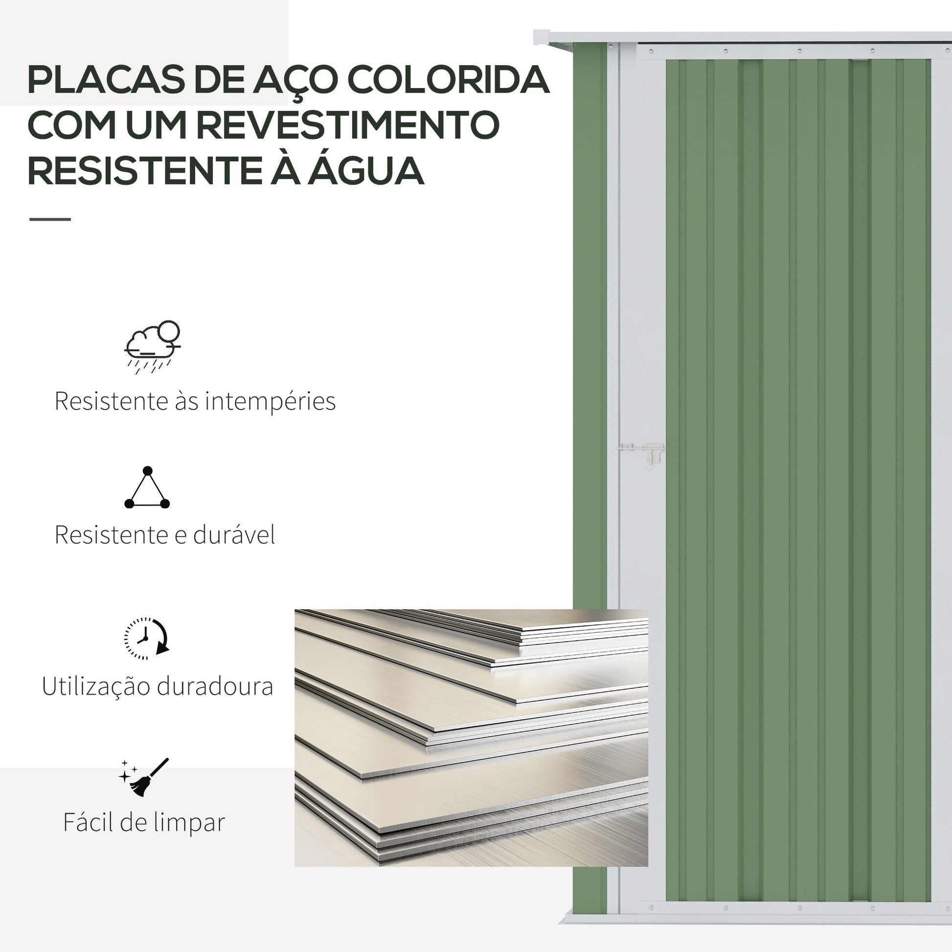 Abrigo de Jardim 1,07㎡ 142x84x189 cm Abrigo de Armazenamento Galvanizado Abrigo de Ferramentas com Teto Inclinado e Porta para Varanda Exterior Verde Claro