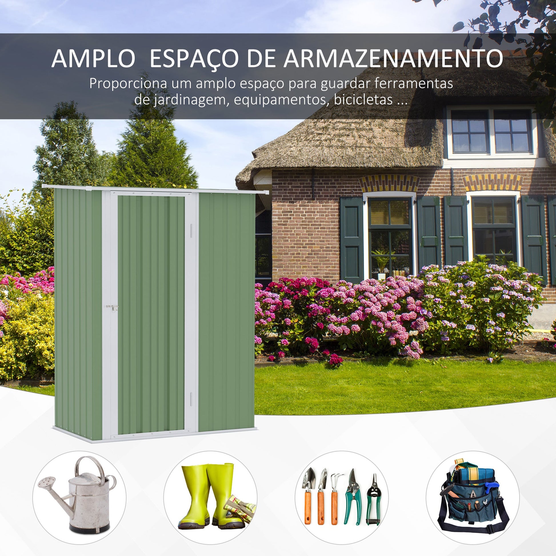 Abrigo de Jardim 1,07㎡ 142x84x189 cm Abrigo de Armazenamento Galvanizado Abrigo de Ferramentas com Teto Inclinado e Porta para Varanda Exterior Verde Claro