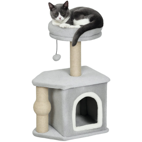 PawHut Arranhador para Gatos Altura 66 cm Arranhador para Gatos com Cama Caverna Plataforma Bola Suspensa e Poste de Juta 42x30x66 cm Cinza