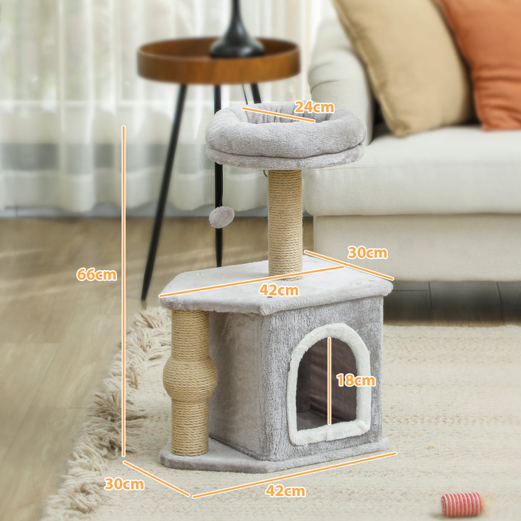 PawHut Arranhador para Gatos Altura 66 cm Arranhador para Gatos com Cama Caverna Plataforma Bola Suspensa e Poste de Juta 42x30x66 cm Cinza