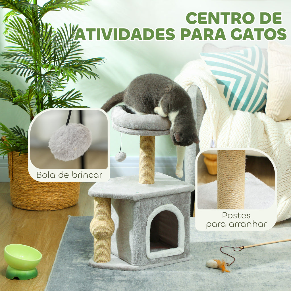 PawHut Arranhador para Gatos Altura 66 cm Arranhador para Gatos com Cama Caverna Plataforma Bola Suspensa e Poste de Juta 42x30x66 cm Cinza
