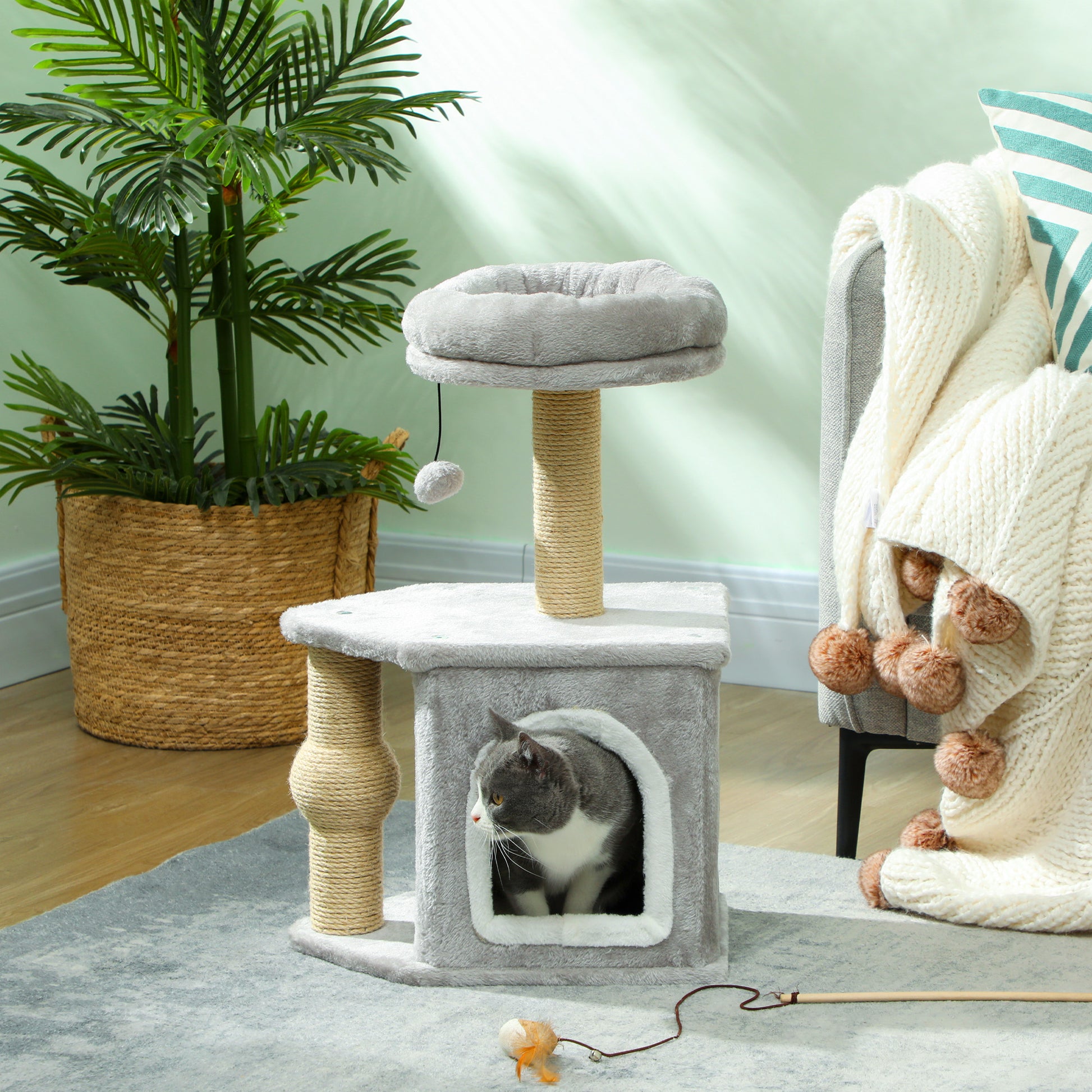 PawHut Arranhador para Gatos Altura 66 cm Arranhador para Gatos com Cama Caverna Plataforma Bola Suspensa e Poste de Juta 42x30x66 cm Cinza