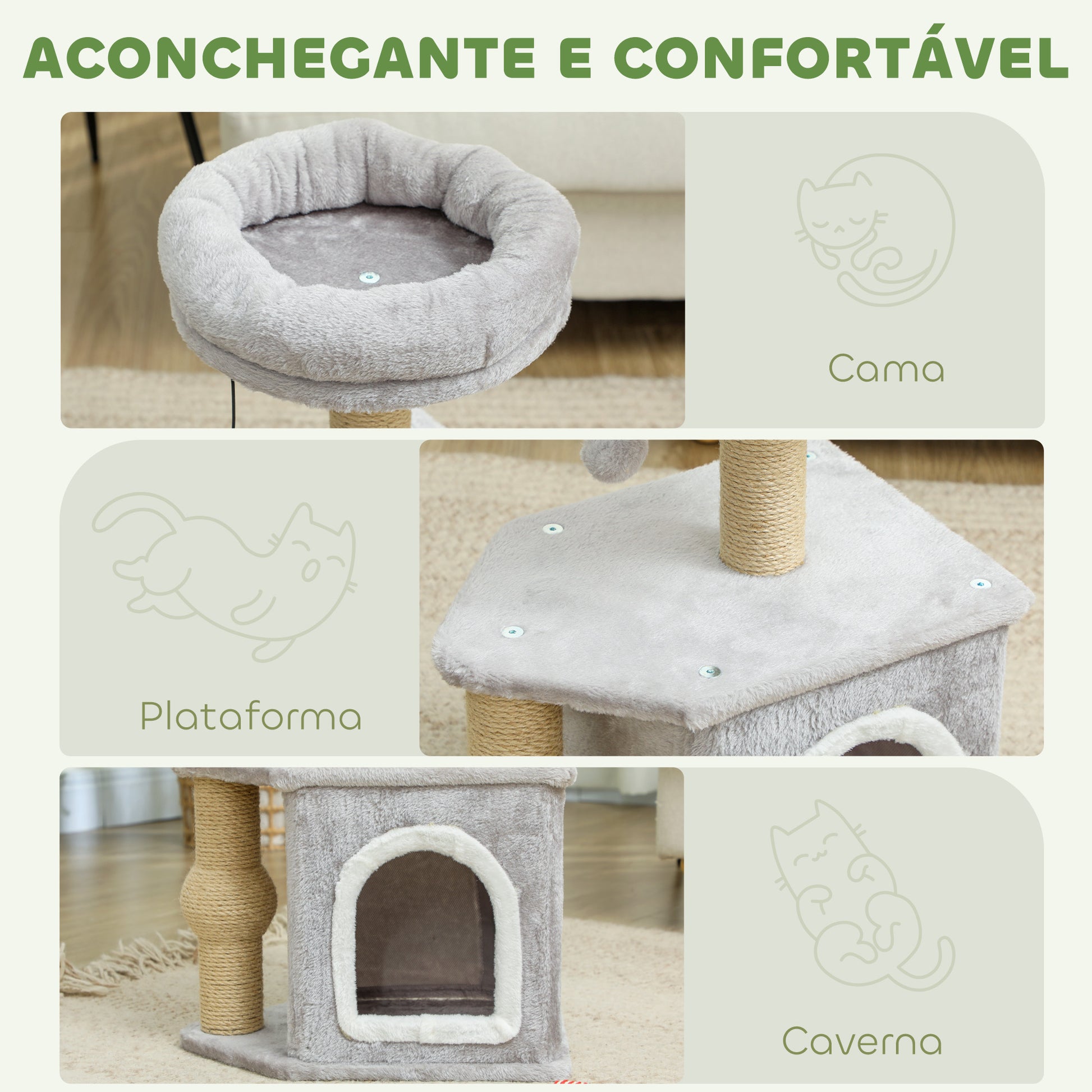 PawHut Arranhador para Gatos Altura 66 cm Arranhador para Gatos com Cama Caverna Plataforma Bola Suspensa e Poste de Juta 42x30x66 cm Cinza