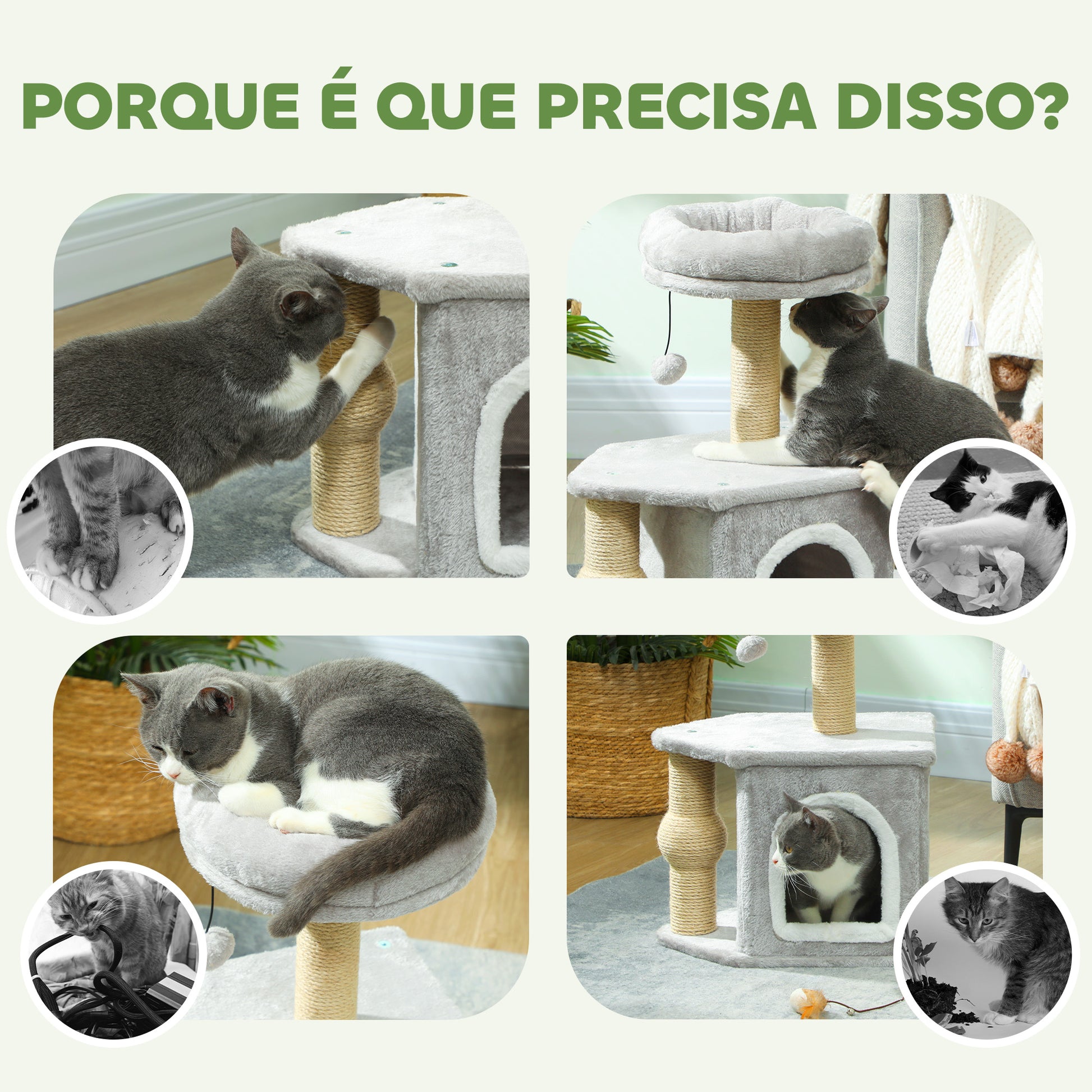 PawHut Arranhador para Gatos Altura 66 cm Arranhador para Gatos com Cama Caverna Plataforma Bola Suspensa e Poste de Juta 42x30x66 cm Cinza