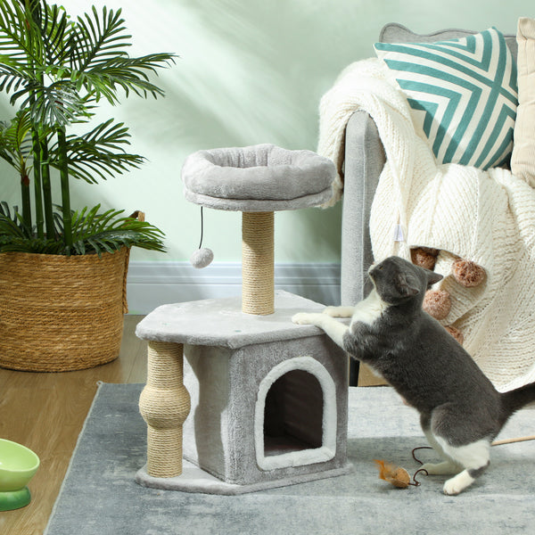 PawHut Arranhador para Gatos Altura 66 cm Arranhador para Gatos com Cama Caverna Plataforma Bola Suspensa e Poste de Juta 42x30x66 cm Cinza