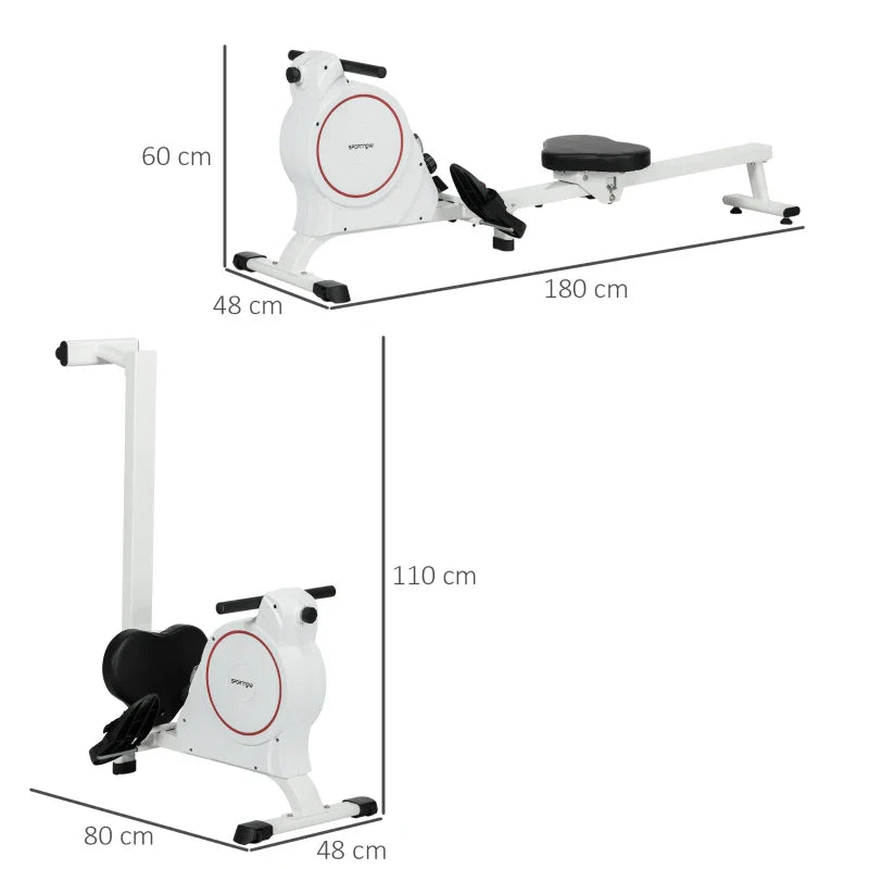 SPORTNOW Máquina de Remo Magnético Máquina de Remo Dobrável com Resistência de 8 Níveis Ecrã LCD e 2 Rodas de Transporte para Ginásio Carga Máxima 130 kg 180x48x60 cm Branco