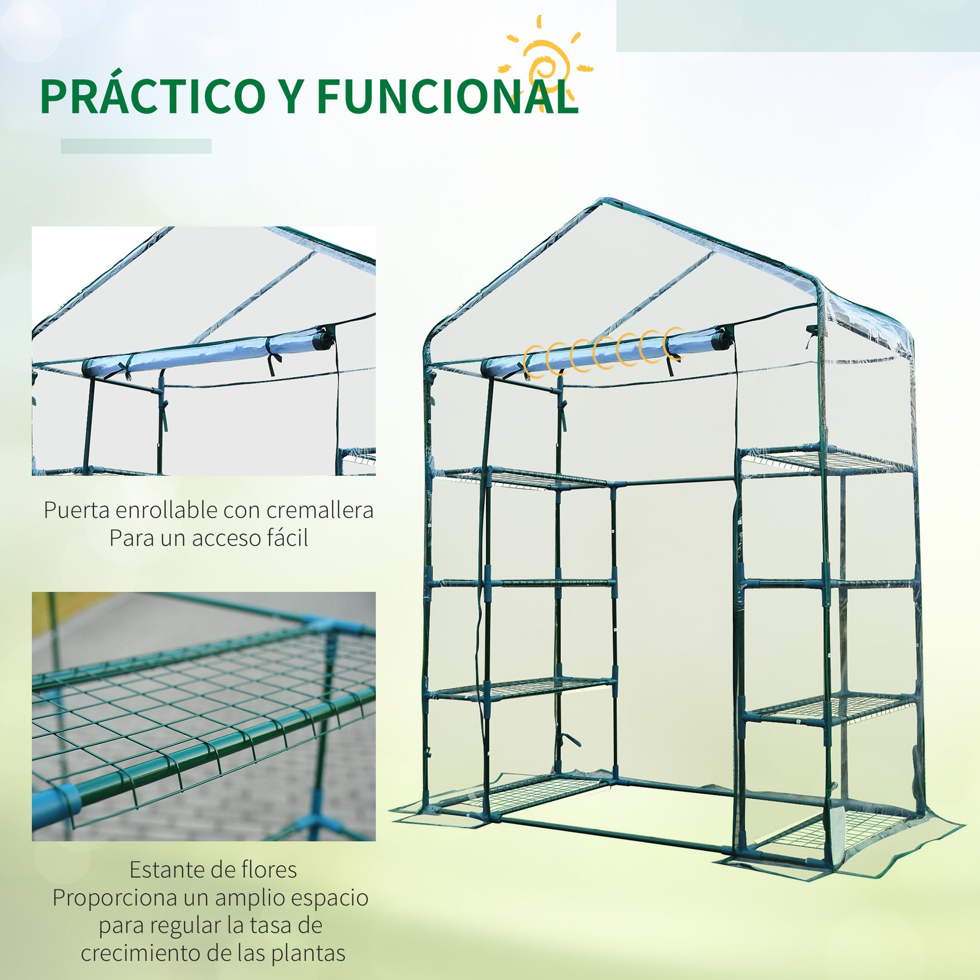 Estufa de Jardim Estufa para Cultivo de Plantas com 8 Prateleiras Cobertura de PVC e Estrutura de Aço 143x73x195 cm Transparente e Verde