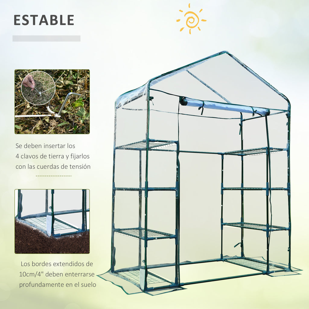 Estufa de Jardim Estufa para Cultivo de Plantas com 8 Prateleiras Cobertura de PVC e Estrutura de Aço 143x73x195 cm Transparente e Verde