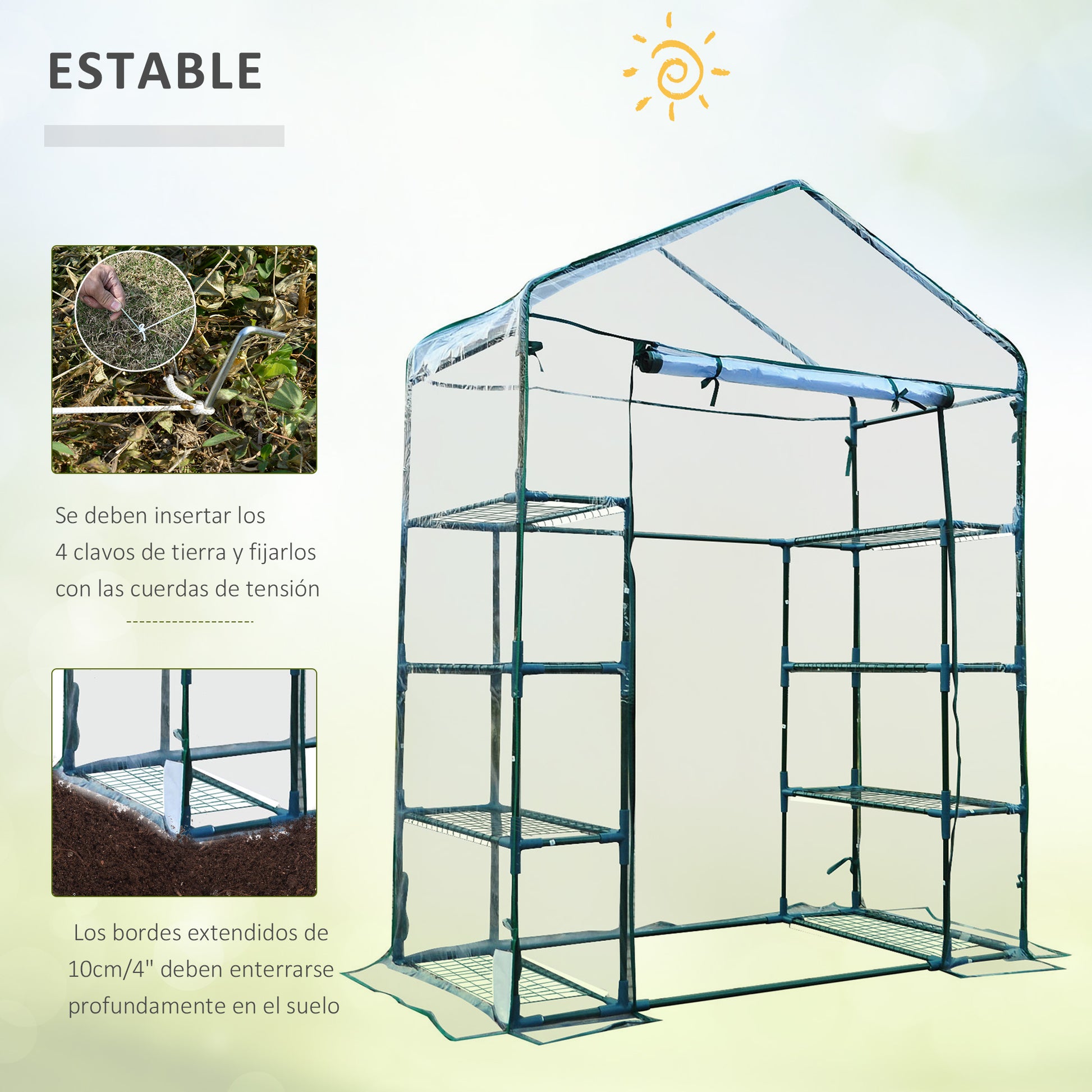 Estufa de Jardim Estufa para Cultivo de Plantas com 8 Prateleiras Cobertura de PVC e Estrutura de Aço 143x73x195 cm Transparente e Verde