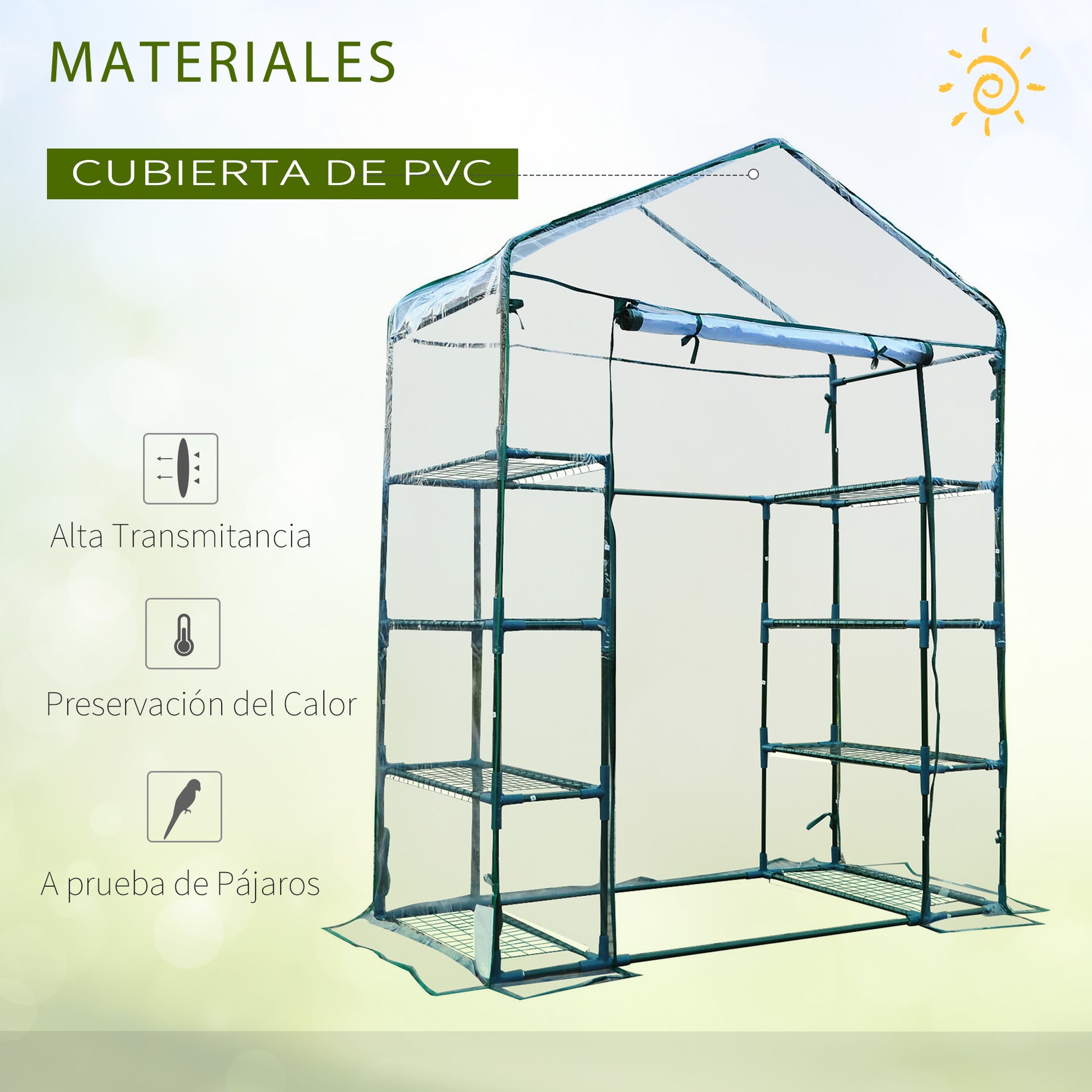 Estufa de Jardim Estufa para Cultivo de Plantas com 8 Prateleiras Cobertura de PVC e Estrutura de Aço 143x73x195 cm Transparente e Verde
