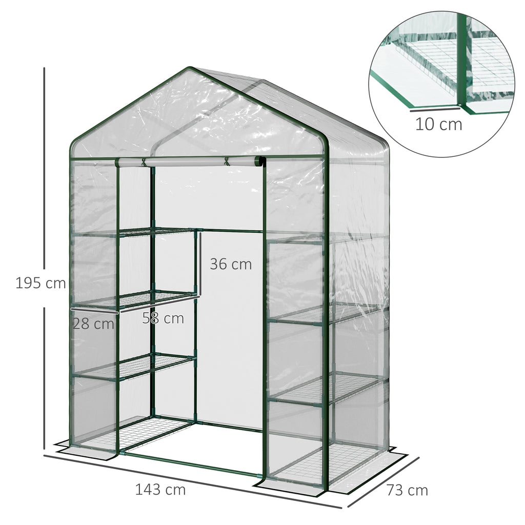 Estufa de Jardim Estufa para Cultivo de Plantas com 8 Prateleiras Cobertura de PVC e Estrutura de Aço 143x73x195 cm Transparente e Verde