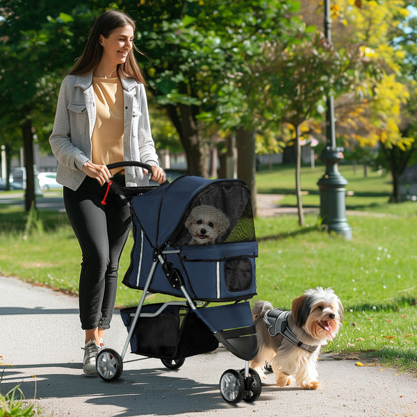 PawHut Carrinho para Animais de Estimação Dobrável Carrinho para Cães e Gatos com Rodas Giratórias Cesto e Suporte para Copos 75x45x97 cm Azul Escuro