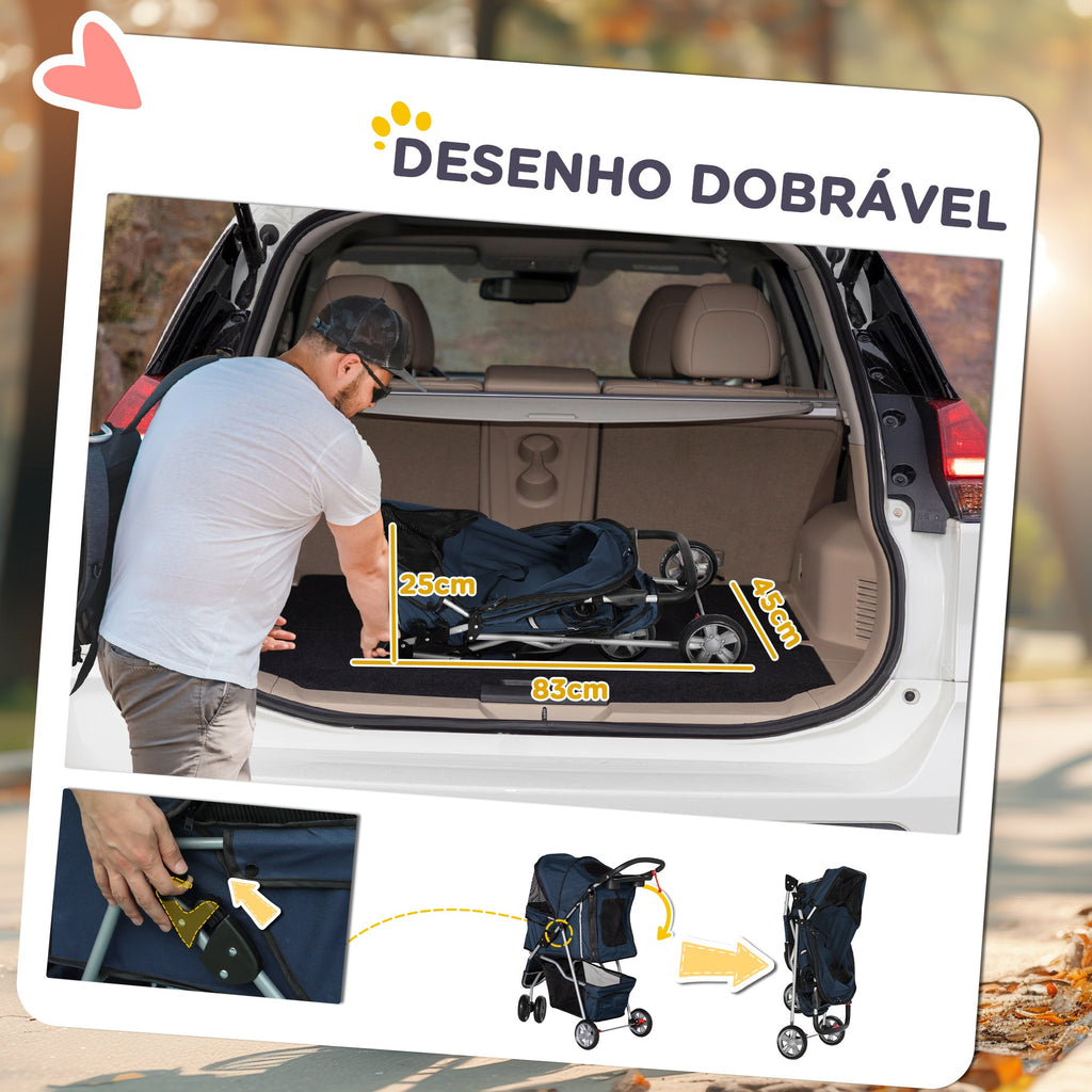 PawHut Carrinho para Animais de Estimação Dobrável Carrinho para Cães e Gatos com Rodas Giratórias Cesto e Suporte para Copos 75x45x97 cm Azul Escuro
