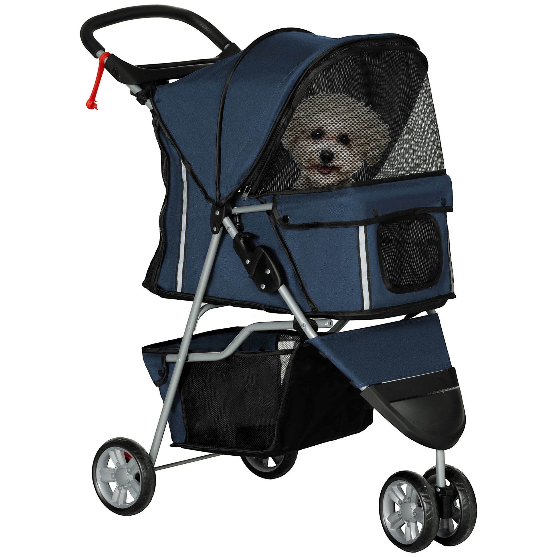 PawHut Carrinho para Animais de Estimação Dobrável Carrinho para Cães e Gatos com Rodas Giratórias Cesto e Suporte para Copos 75x45x97 cm Azul Escuro