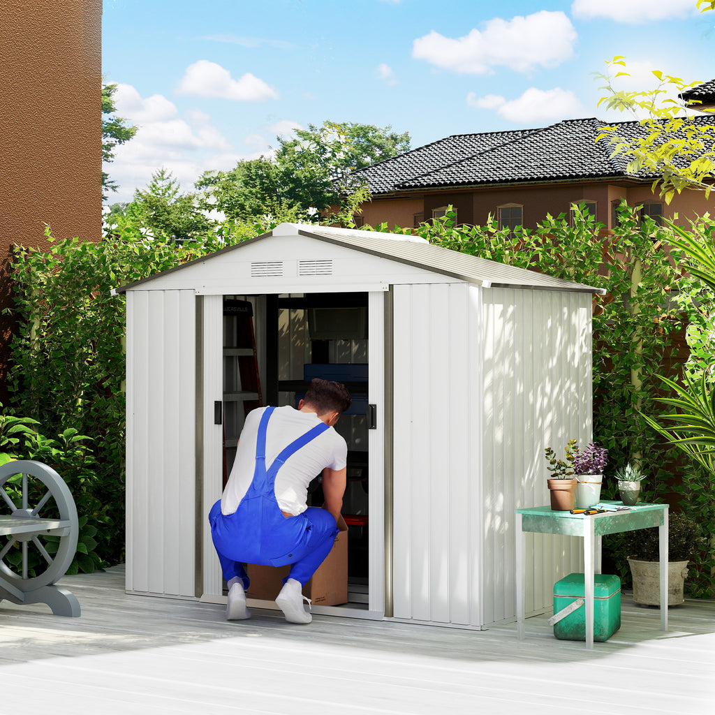 Abrigo de Jardim 213x130x185cm Abrigo de Jardim Metálico de Exterior para Armazenamento de Ferramentas com 2 Portas Deslizantes e 4 Janelas para Terraço Branco e Cinza