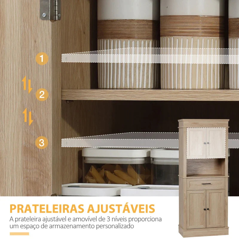 Armário de Cozinha Móvel Auxiliar de Cozinha com 4 Portas 1 Gaveta e Prateleira Aberta para Sala de Estar Sala de Jantar 74x39,5x183cm Carvalho