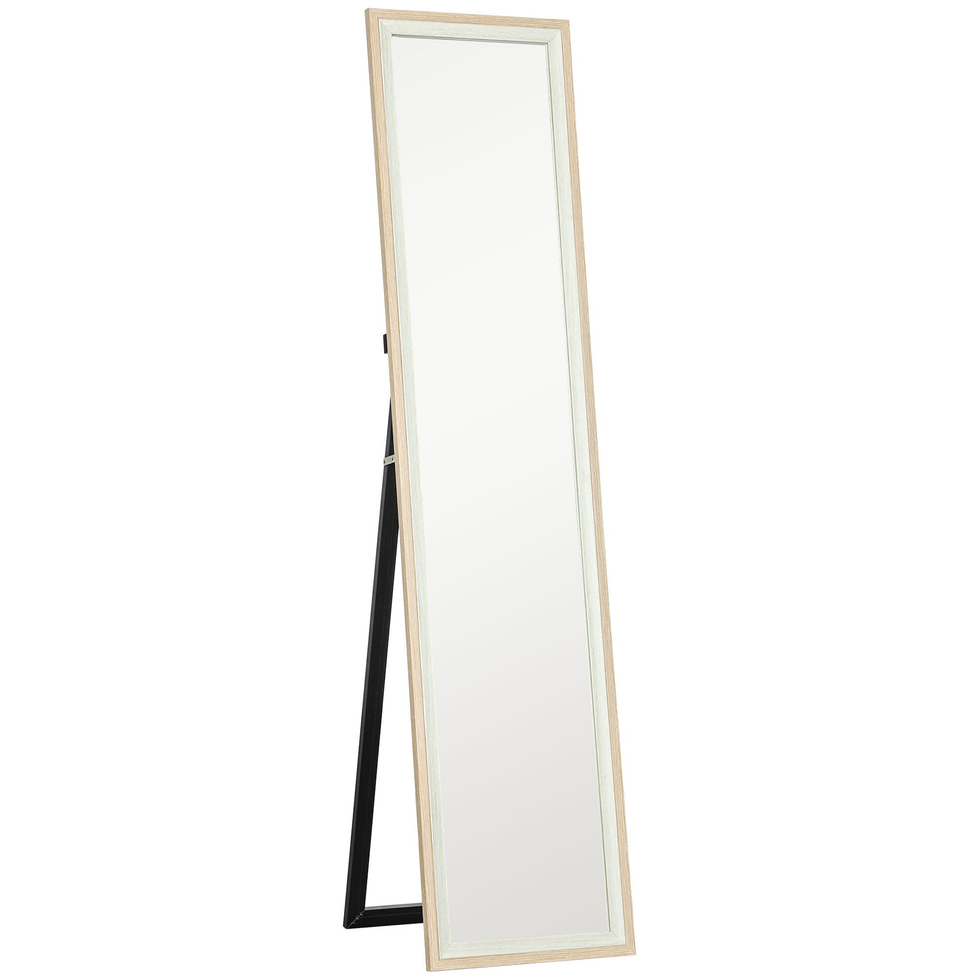 Espelho de Pé 37x157 cm Espelho de Corpo Inteiro com Estrutura de MDF e Suporte para Sala de Estar Dormitório Branco e Madeira Clara