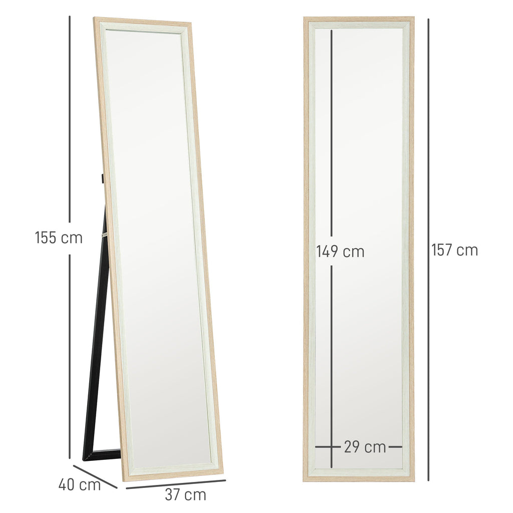 Espelho de Pé 37x157 cm Espelho de Corpo Inteiro com Estrutura de MDF e Suporte para Sala de Estar Dormitório Branco e Madeira Clara