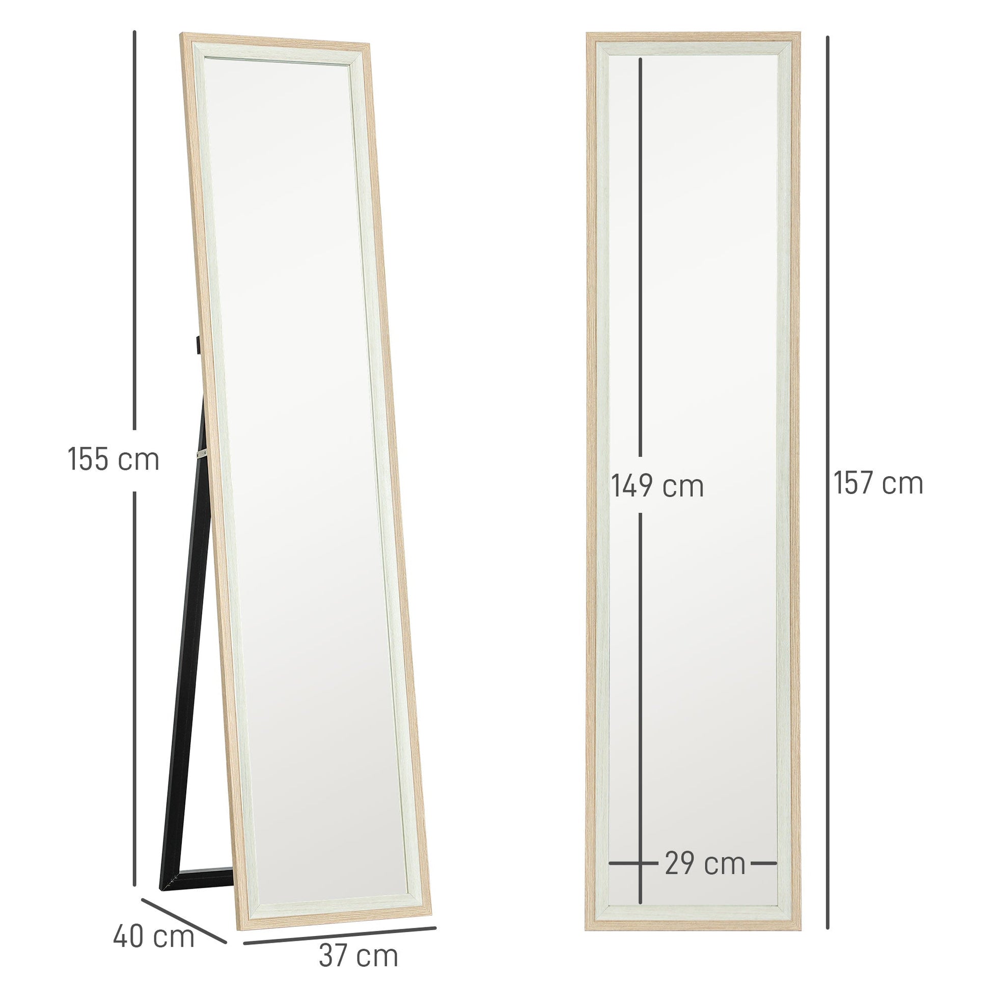 Espelho de Pé 37x157 cm Espelho de Corpo Inteiro com Estrutura de MDF e Suporte para Sala de Estar Dormitório Branco e Madeira Clara
